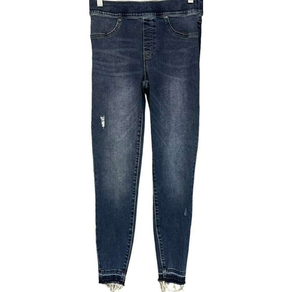 Spanx Mid‎ Wash Pull on Stretch Distressed Raw Hem Skinny Jeans Womens M